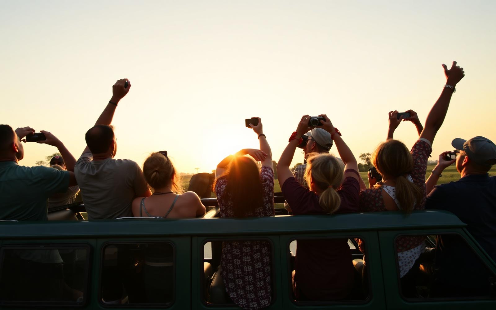 Guests on a game drive at sunset